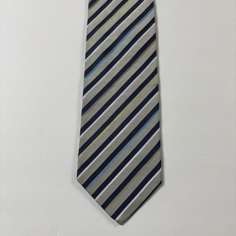Hugo Boss ITALY Gray Blue Stripe 100% Silk Neck Tie Classic